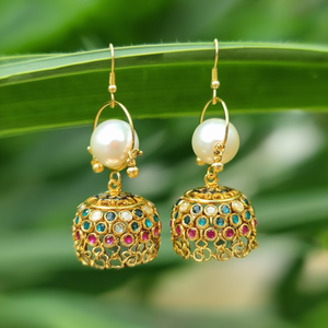 24K Gold Plated Freshwater Pearl Drop Earrings with Semi Precious Stone Studded Hoops - Product Image 3