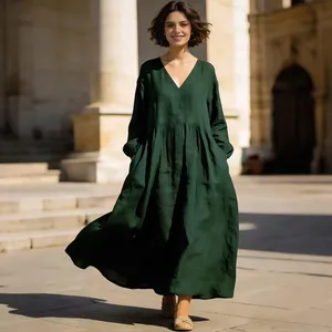 Robe longue décontractée pour femme en coton et lin, couleur rouille, coupe ample, manches longues, style bohème à volants - Product Image 1