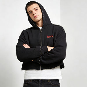 Sudadera con Capucha para Hombre, Moderna, de Invierno, 100% Algodón, Talla Grande, con Detalles de Remaches, Dobladillo Deshilachado, Estampado de Letras Personalizado, Informal para Uso Diario - Product Image 1