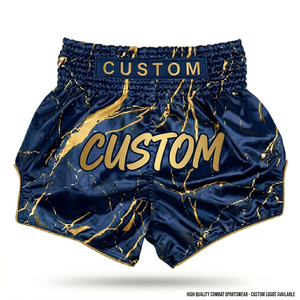 Fournisseur OEM de shorts de Muay Thai personnalisés avec logo, design marbré or sur satin bleu, vêtements de boxe en gros, shorts de Muay Thai - Product Image 2