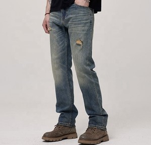Men's Straight Leg Distressed Denim <b>Jeans</b> Mid Waist Cotton Ripped Casual Autumn Style Regular Fit Stonewashed Blue - Product Image 6