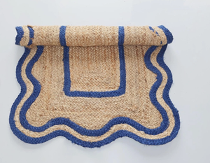 Alfombra de yute azul trenzada a mano con diseño festoneado, estilo bohemio para dormitorio, sala de estar, hotel, oficina, alfombra comercial. - Product Image 4