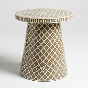 Mesa Auxiliar de Diseño Industrial con Incrustaciones de Hueso Marrón, Taburete de Pedestal con Patrón de Rejilla Hecho a Mano para Dormitorio, Escuela, Entrada - Product Image 1