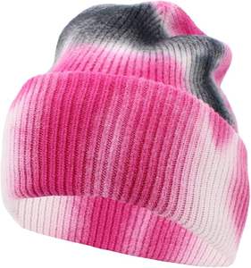 Bonnet en cachemire côtelé à revers pour adultes, motif crâne tie-dye noir-gris profond, collection automne-hiver - Product Image 5