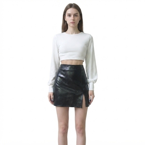 Genuine Leather Plain Dyed Nonwoven High Waist Slit Straight High <b>Stretch</b> Mini <b>Skirt</b> for Women - Product Image 1