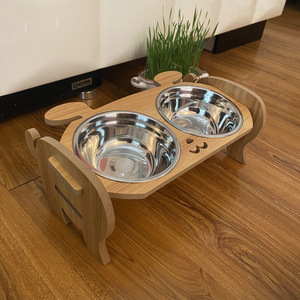 Elevated <b>Ceramic</b> Cat <b>Dog</b> Bowls with Natural Wooden Stand Indoor Pet Feeding Bowls - Product Image 3