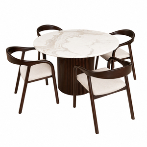 Ensemble de table et de chaises de salle à manger rondes Valo, style Japandi, en teck de qualité supérieure, écologique, durable, qualité d'exportation, élégant - Product Image 1
