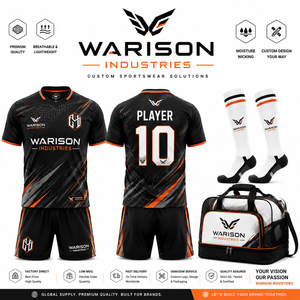 Custom Black Orange Soccer Jersey Set Sublimated Football Team Uniform Kit with Shorts Socks Sports Bag Set - Product Image 1