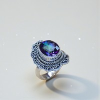 Bague de fiançailles victorienne en argent sterling 925, bijoux fins, style bohème, faite à la main, avec topaze mystique taille ovale, prête à l'emploi (RTS)