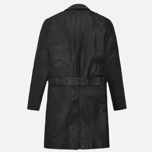 <b>Men's</b> <b>Black</b> Genuine Leather Knee Length <b>Overcoat</b> Notched Lapel Single Breasted Trench Coat Regular Sleeve Polished Finish - Product Image 6