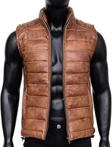 Gilet matelassé en cuir véritable marron pour homme avec col montant et fermeture éclair, vêtement d'extérieur décontracté pour l'hiver - Product Image 2