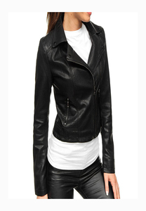Women's Black Genuine Leather Moto Jacket Full Sleeve <b>Zipper</b> Closure Stand Collar Autumn Style - Product Image 6
