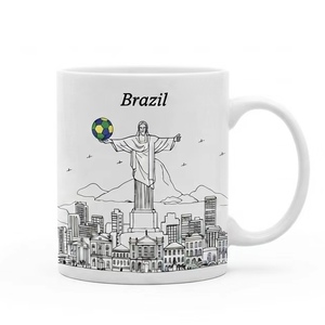 11 oz Ceramic Coffee <b>Tea</b> <b>Mug</b> with Brazil city skyline and a football with vibrant yellow royal blue and kelly green - Product Image 1