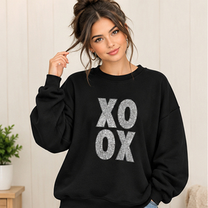 <b>Womens</b> Oversized <b>Black</b> Crewneck Sweatshirt Glitter XO OX Letter Print Drop Shoulder <b>Long</b> <b>Sleeve</b> Casual <b>Top</b> - Product Image 1