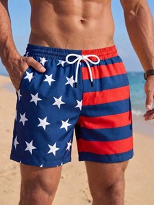 <b>Men</b> Plus Size American Flag Print Drawstring Anti-UV Quick Dry Beach Shorts with Pockets Mid Waist Swim <b>Trunks</b> - Product Image 1