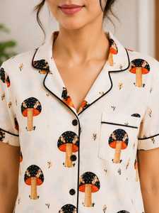 Conjunto de Pijama Romántico de Manga Corta para Mujer, Primavera, ODM, Cuello Camisero, Estampado de Hongos, 100% Algodón, Ropa de Dormir Suave - Product Image 1