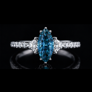 Bague de mariage en or 14 carats plaqué rhodium avec trois diamants de laboratoire bleus fantaisie taille marquise et taille triangle, bijou de mariée, cadeau - Product Image 3