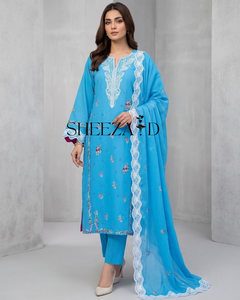 Costume en coton et mousseline de soie bleu ciel brodé en 3 pièces pour femmes |   Vêtements ethniques pakistanais traditionnels Salwar Kameez Dupatta |   SHEEZA.D - Product Image 3