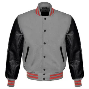 Custom College Style Jackets grey and black Men's Melton Wool Jackets Wholesale Letterman Jackets with Leather Sleeves