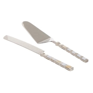 Ensemble de serveur à gâteaux de mariage en acier inoxydable, argent, avec couteau, Design fait main, mère de perle - Product Image 1