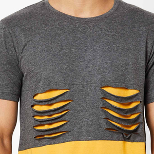 T-shirt décontracté à manches courtes et col rond gris et jaune pour homme, coupe ample, tricoté, 100 % coton, écologique et respirant - Product Image 6