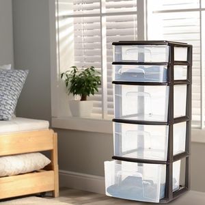 Cassettiera a 5 livelli in plastica trasparente con struttura nera, organizer multiuso per camera da letto, bagno o ufficio - Product Image 2