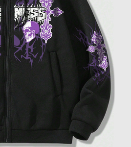 Sweat-shirt unisexe gothique à capuche et fermeture éclair noir avec motif lettres, coupe oversize, pour l'automne, ajustement régulier, respirant, imprimé numérique - Product Image 3