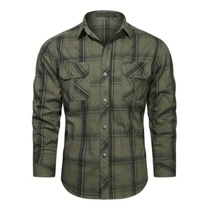 Chemise en flanelle à carreaux vert olive pour homme, manches longues, col boutonné, vêtement décontracté pour l'automne - Product Image 1
