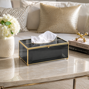 Luxury Smoked Glass Tissue <b>Box</b> Holder Gold Metal Frame Decorative Tissue Case for Home Office Hotel Bathroom <b>Vanity</b> Décor - Product Image 5