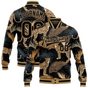 Blouson universitaire personnalisé noir et or vieilli avec imprimé léopard 3D, style bomber à boutons-pression, pour la vente en gros de tenues d'équipe tropicales - Product Image 1