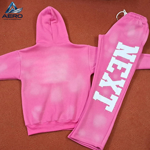 High Quality Custom Oversized Acid Wash <b>Tracksuit</b> <b>Pink</b> Distressed Raw Edge Patchwork Rhinestone Full Zip Hoodie Sweatpants Set - Product Image 2