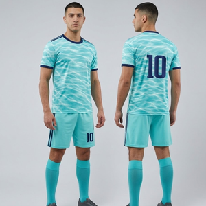 Uniforme de Fútbol Personalizado OEM con Diseño de Olas Oceánicas, Vibrante Cian y Azul Marino, Sublimado - Product Image 4