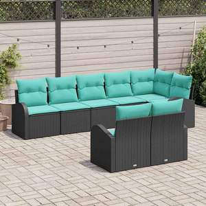 8 Piece Black Poly Rattan Garden <b>Sofa</b> Set Turquoise Cushions <b>Outdoor</b> Furniture Contemporary Design Weather Resistant - Product Image 3