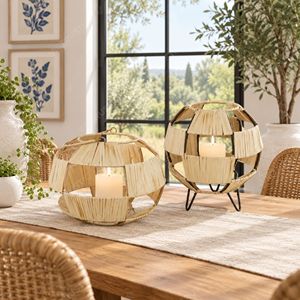 Lanterne suspendue en verre style Japandi avec feuilles de palmier, support de bougie sur trépied, pour jardin et décoration intérieure - Product Image 6