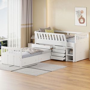 White L-Shaped Twin Loft and Platform <b>Bed</b> with 7 Drawers and Full Guardrails <b>Space</b>-<b>Saving</b> Wooden <b>Beds</b> - Product Image 1