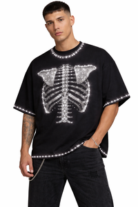 Men's Oversized Black <b>T</b>-<b>Shirt</b> With Rhinestone <b>Skeleton</b> Print Streetwear Short Sleeve O-Neck Cotton <b>T</b>-<b>Shirt</b> - Product Image 4