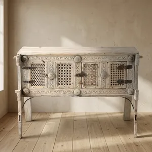 <b>Vintage</b> Hand Carved Wooden Damchiya Two Door Storage Cabinet Wedding Chest <b>Console</b> Side <b>Table</b> Traditional Indian Furniture - Product Image 6