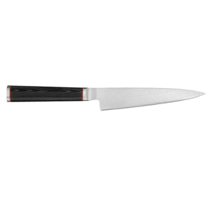 Ensemble de couteaux de cuisine dans un bloc en bois brun clair avec manches noirs, lames à motifs argentés, ciseaux et aiguiseur pour la préparation des aliments - Product Image 1