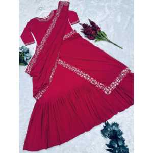 Vestido de Noche Rosa Oscuro Talla M 950g de Diseñador HK con Detalle de Volantes Estilo Saree para Fiesta - Product Image 3