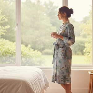 Kimono artisanal en coton gris jungle |   Robe de chambre à manches longues et col en V pour femme |   Robe longue de style chef-d'œuvre avec cordon de serrage - Product Image 4