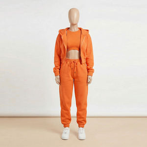 Ensemble de survêtement décontracté pour femme, en molleton de coton, avec sweat à capuche court zippé et pantalon de jogging, couleur orange, style streetwear, deux pièces - Product Image 1