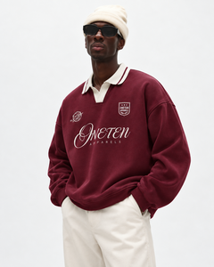 ONETEN APPARELS เสื้อโปโลแบบมีฮู้ด ดีไซน์ 2 in 1 ผ้าฝ้ายสีแดงเลือดหมู น้ำหนักเบา ทรงหลวม ใส่สบาย แขนยาว - Product Image 1