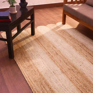 Tapis en jute moderne réversible tressé à la machine, à bords festonnés, écologique, rayé blanc naturel pour la maison et l'hôtel - Product Image 5