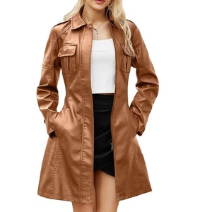 Women's Elegant Office Street Jacket Faux Leather with Solid Color Lapel Zipper Slim Long Sleeve Belt Breathable <b>Knitted</b> Process - Product Image 3