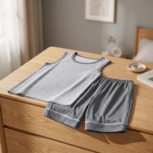 Men's Gray Sleeveless Tank Top Set Crew Neck Knitted Cotton Breathable Casual Summer Wear - Product Image 3