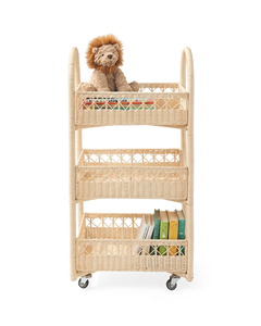 Rattan Kids <b>Shelf</b> With Wheels Multi Tier Storage Cart Eco Friendly Toy <b>Organizer</b> Rack Wholesale Bulk Supplier Kids Furniture - Product Image 3
