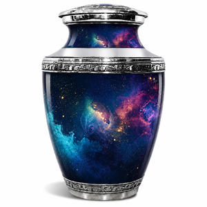 Urne funéraire Galaxie Céleste avec motif nébuleuse éclatante, design champ stellaire profond et élégants accents gravés en argent - Product Image 1