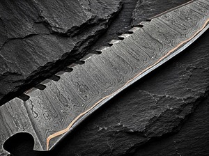 Cuchillo de caza hecho a mano de acero de Damasco con hoja fija de punta caída, filo dentado y mango de cuerno, con funda de cuero - Product Image 3