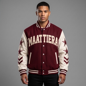 Chaqueta para Hombre MAATTIERA, Color Granate Crema, con Estrellas Bordadas, Estilo Preppy, Mezcla de Algodón, Corte Regular, para Otoño - Product Image 6