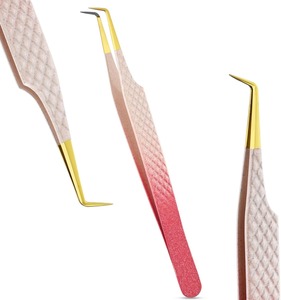 Pince à épiler de précision plaquée or, manche rose dégradé, pointe dentelée pour application d'extensions de cils, pince à épiler de beauté - Product Image 3